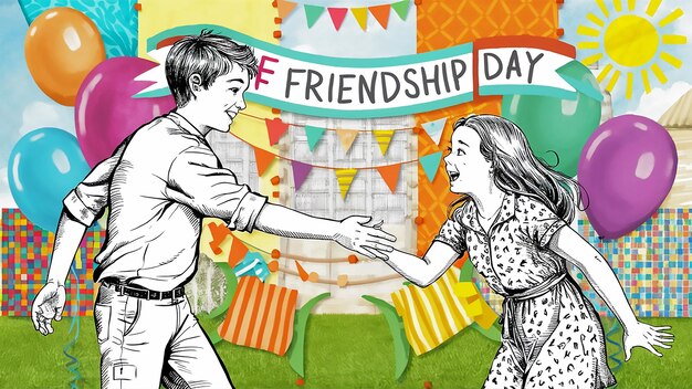 Foto un cartel con un niño y una niña tomados de la mano con una pancarta que dice día de la amistad
