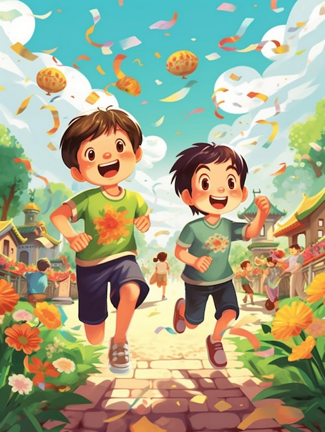 un cartel de un niño y un niño corriendo en un parque.