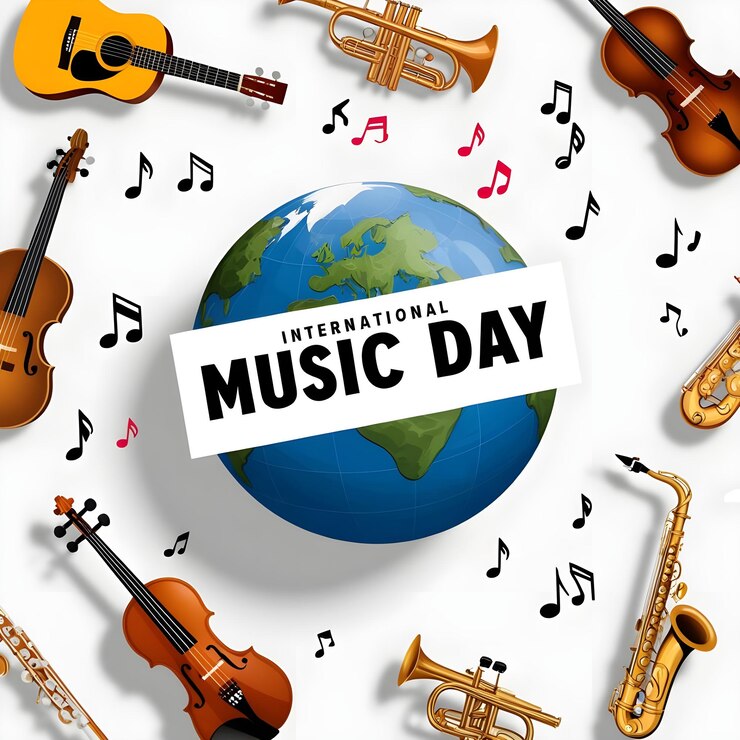 un cartel con notas de música y un papel que dice día de la música