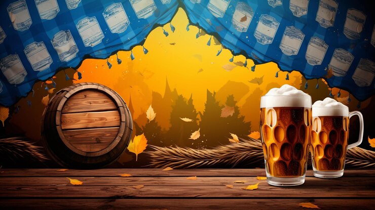 Cartel de Oktoberfest con barril de cerveza salchichas taza de trigo fondo de madera AI Generativo