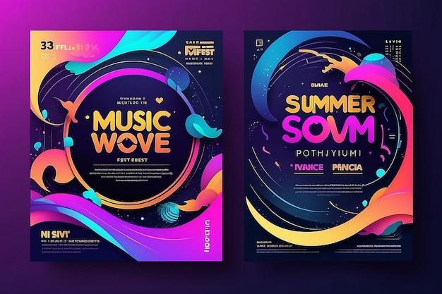 El cartel de la ola de verano del festival de música electrónica, el volante de la fiesta del club, los gradientes abstractos, las ondas, el fondo musical.