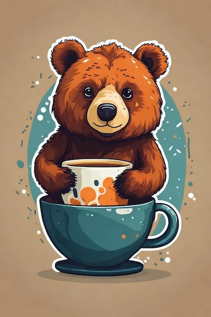 Foto cartel de oso en taza y vector de etiqueta de diseño plano de comercialización sin fondo