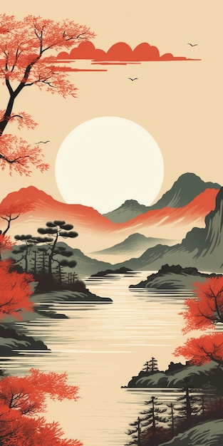 Un cartel para un paisaje japonés con una montaña y un lago.