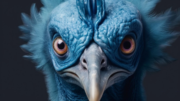 Un cartel para un pájaro con una cara azul y una cabeza