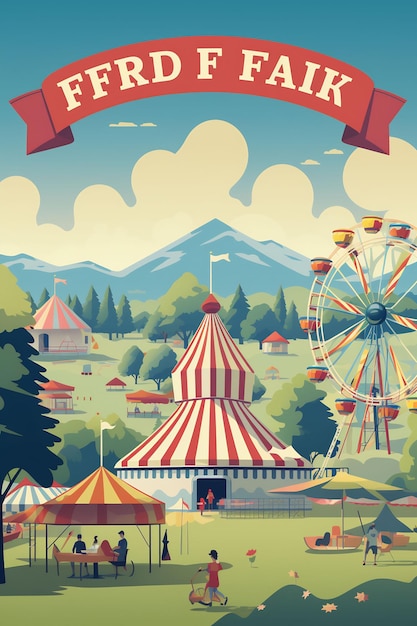 un cartel para el parque de atracciones con una rueda de ferris y montañas en el fondo