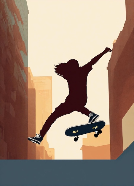 un cartel de un patinador saltando en el aire con una ciudad en el fondo