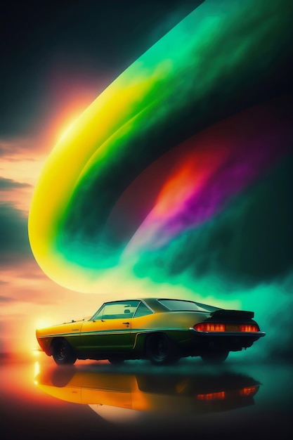 Un cartel de la película clásica Sports classic green Car on Vibrant Fantastic Background storm