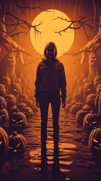 Un cartel de la película Halloween con un hombre parado frente a calabazas.