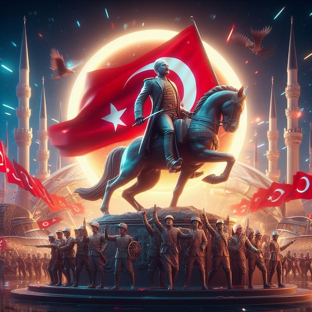 un cartel para una película llamada un hombre en un caballo con una bandera y una bandera en el fondo