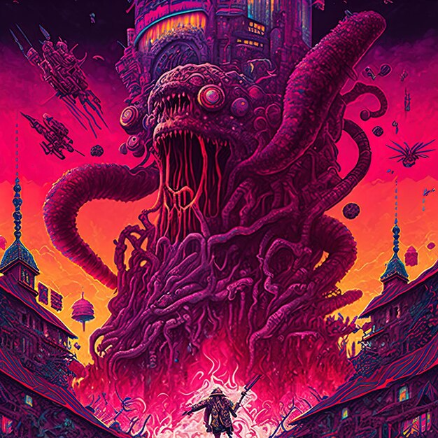 Foto un cartel para una película llamada el monstruo con un fondo púrpura
