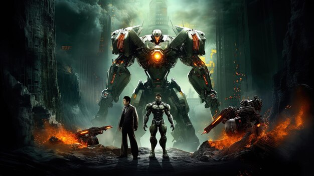 un cartel de película para una película de acción con un hombre y un robot