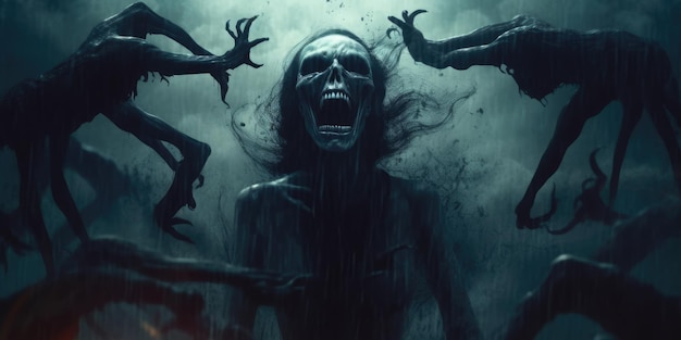 Un cartel de película de terror aterrador con una mujer en el medio y las manos llegando al suelo