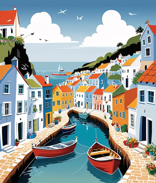 un cartel de una pequeña ciudad con barcos