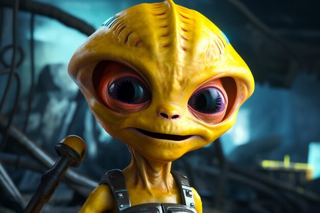 Un cartel de un pequeño extraterrestre con un casco amarillo a