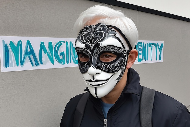 Foto un cartel de una persona con una máscara que dice imaginación