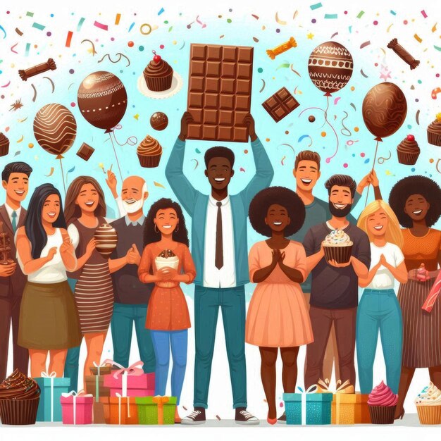 Foto un cartel de personas con chocolates y chocolates