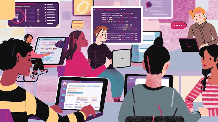 Foto un cartel de personas con computadoras portátiles y un letrero que dice cita imac en él