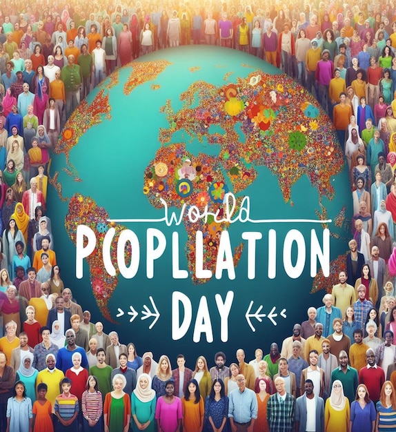 Foto un cartel de personas con un mapa del mundo y las palabras día del mundo