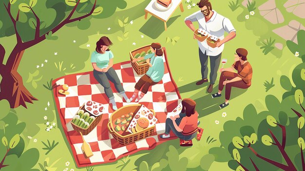 un cartel para un picnic con una familia y un árbol