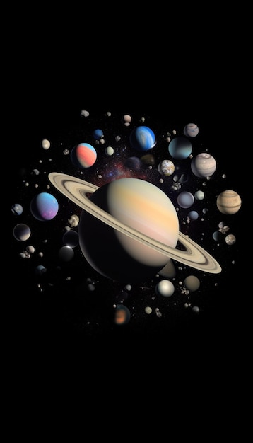 Un cartel de planetas con el planeta saturno en el centro.