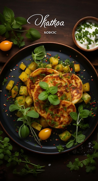 Cartel del plato Aloo Paratha con ghee y cilantro Cocina de estilo de vida de celebraciones indias cálidas y conjuntas