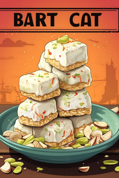 Cartel de plato de barfi de coco con hojuelas de coco y pistachos, celebraciones indias, cocina de estilo de vida