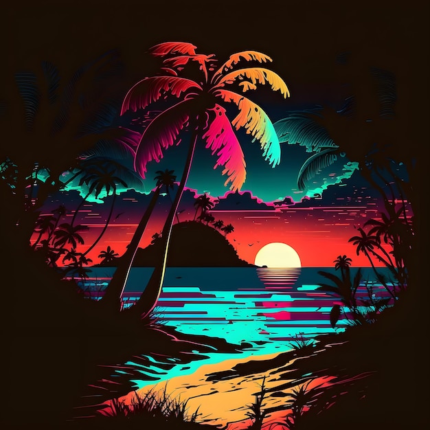 Un cartel de una playa con palmeras y una puesta de sol.
