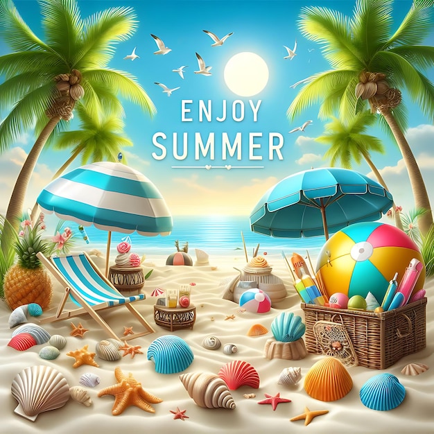 un cartel para la playa de verano con palmeras y juguetes de playa