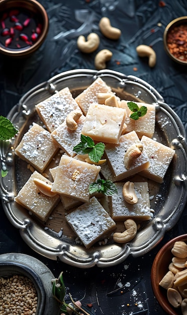 Cartel de postres de Kaju Katli con anacardos y papel de plata Ilustración de nueces Alimentos Bebidas Sabores indios