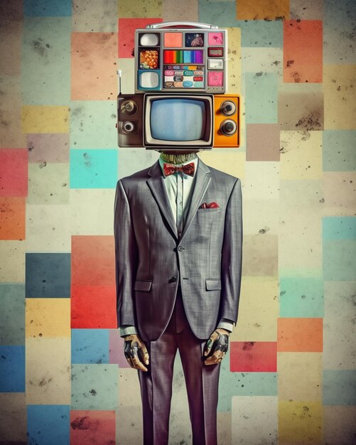 Foto un cartel de un programa de televisión llamado el hombre con un televisor en la cabeza.