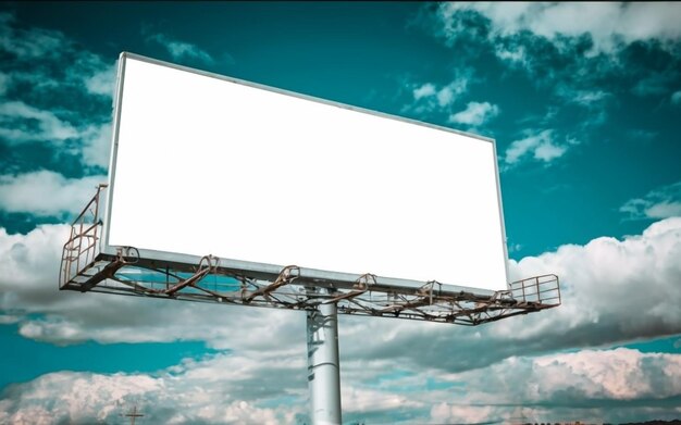 Foto cartel publicitario al aire libre con pantalla blanca simulada sobre un fondo de cielo azul con