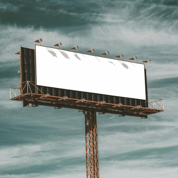 Foto cartel publicitario al aire libre con pantalla blanca simulada sobre un fondo de cielo azul con