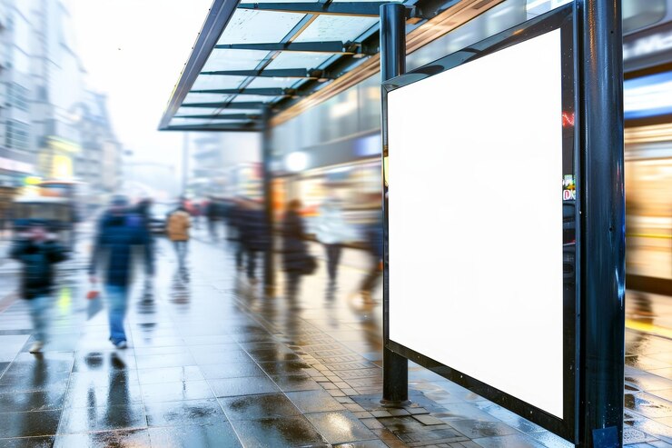 Cartel publicitario en blanco en una parada de autobús ocupada con un fondo urbano vibrante Enfocado en el potencial y la visibilidad de los anuncios