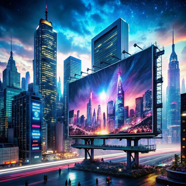 Cartel publicitario en una ciudad futurista