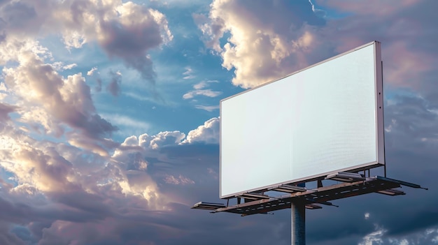 Cartel publicitario con letrero exterior en blanco contra una plantilla de maqueta de cielo nublado