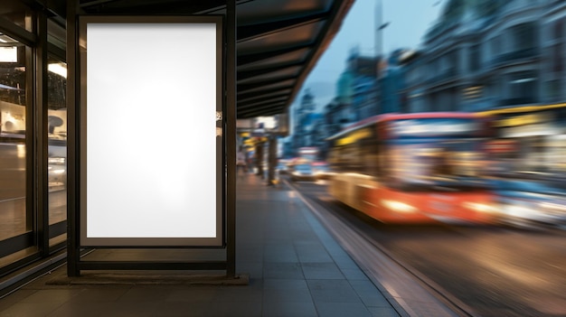 Cartel publicitario de parada de autobús blanco en una estación con autos en movimiento en el fondo Concepto de maqueta de vista frontal cartel en blanco tráfico de la ciudad