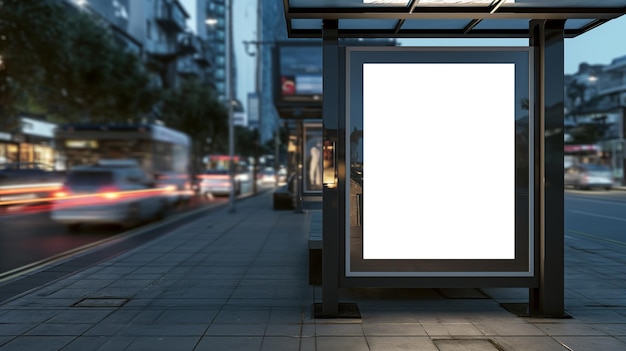 Cartel publicitario de parada de autobús blanco en una estación con autos en movimiento en el fondo Concepto de maqueta de vista frontal cartel en blanco tráfico de la ciudad