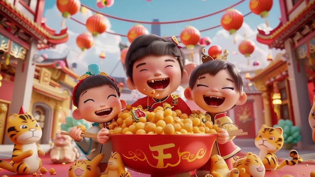 Un cartel publicitario de Yuanxiao 2022 muestra simpáticos niños asiáticos de pie alrededor de un tazón de sopa tangyuan con una bola de arroz en forma de tigre.
