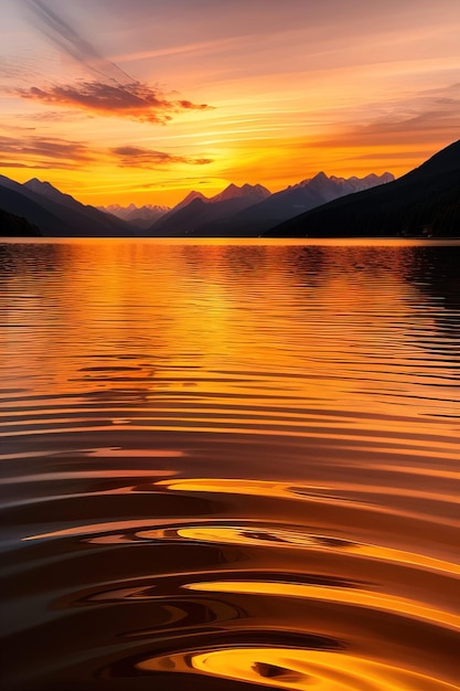 un cartel para una puesta de sol junto al lago