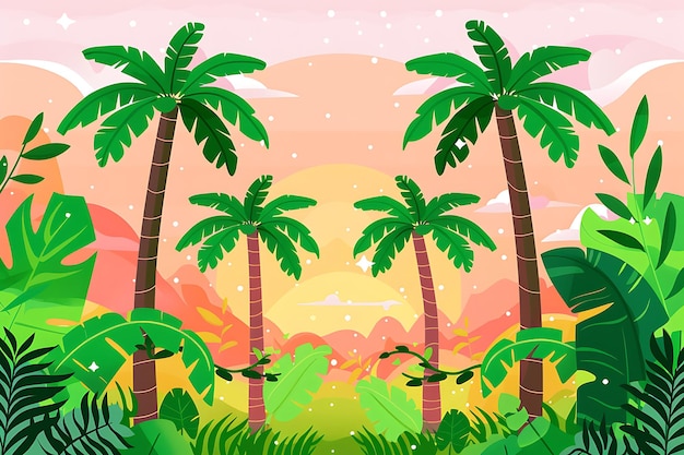 un cartel para una puesta de sol tropical con palmeras