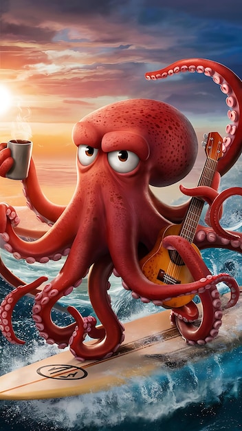 un cartel de un pulpo rojo sosteniendo una guitarra y una guitarra