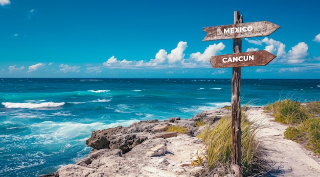 Cartel que apunta en dirección a México con pintorescas playas y océanos en Cancún