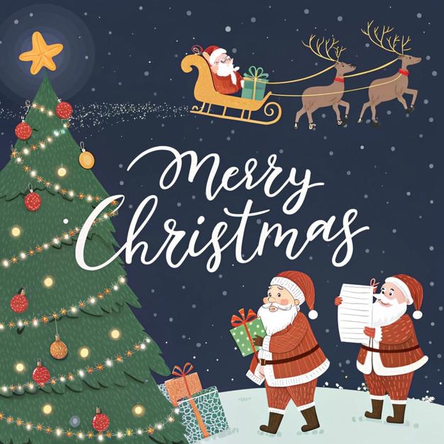 un cartel que dice " Feliz Navidad " con los Papás Noel