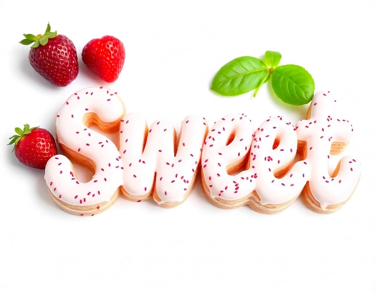 Foto un cartel que dice "smileon it" un plato de pasteles de choux llenos de fresas salpicados con s en polvo