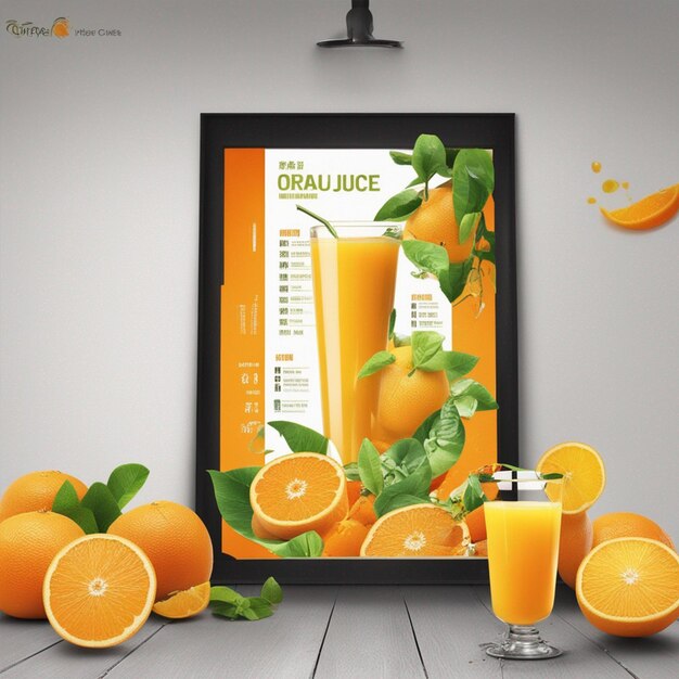 Foto un cartel que promueve jugo de naranja fresco se muestra en el papel tapiz de la plantilla del menú de bebidas