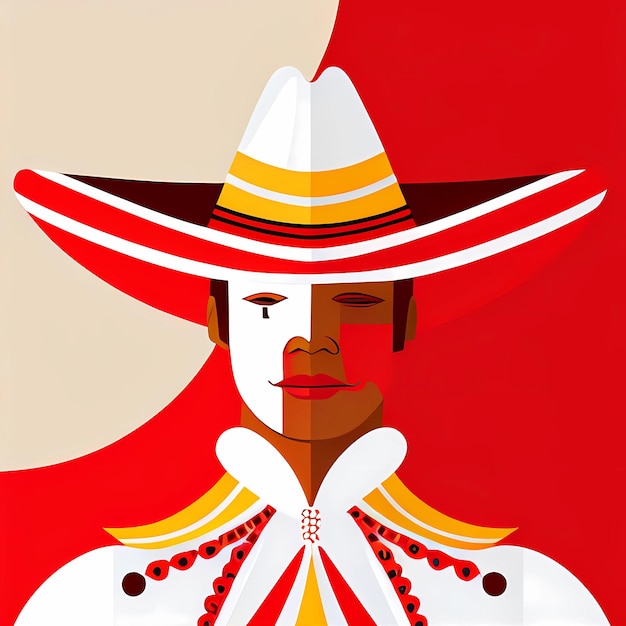 Un cartel que tiene un hombre con un sombrero y un fondo rojo.