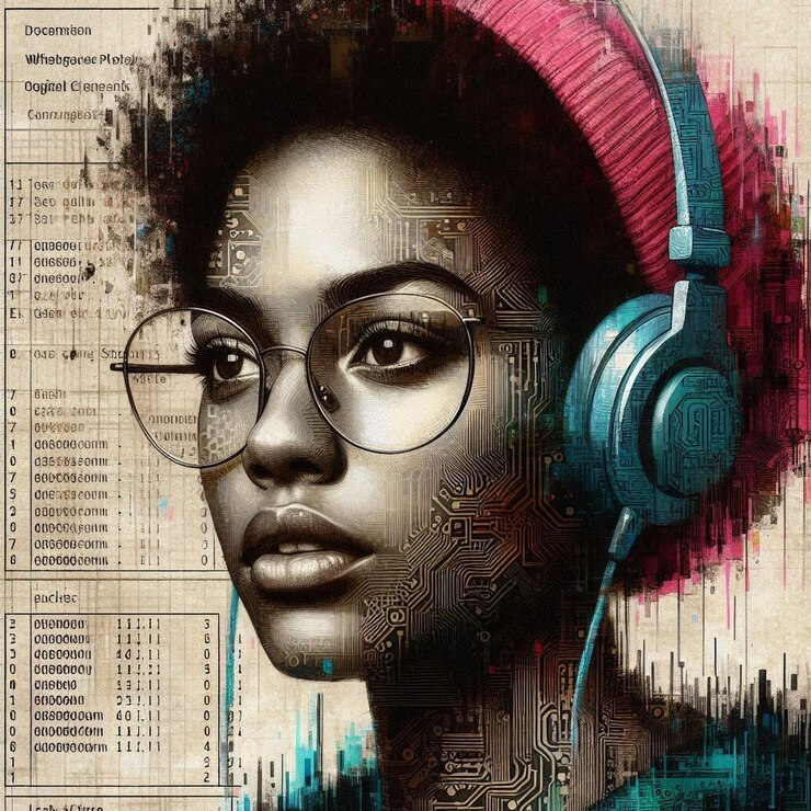 un cartel que tiene una mujer con gafas y un par de auriculares