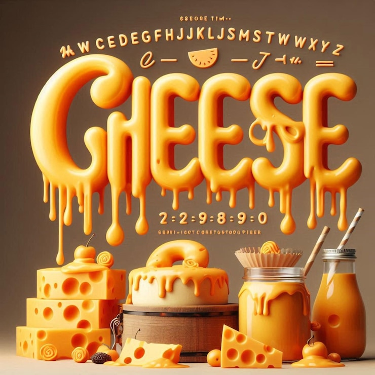 Foto un cartel de queso y quesos con una botella de queso en él