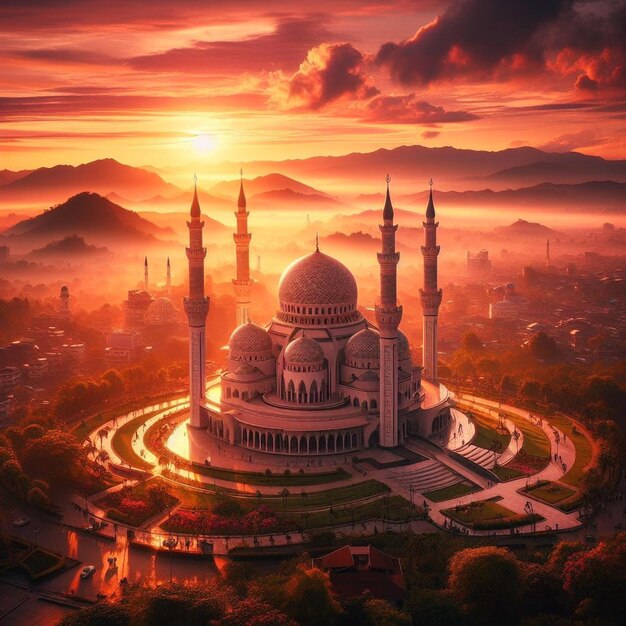 Un cartel de Ramadán con una foto de una hermosa mezquita