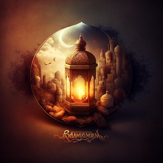 Un cartel de Ramadán con una linterna en medio de la imagen.